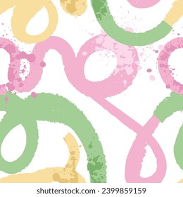 Naive seamless squiggle pattern with textured pastel pink and purple wavy lines on a light background. Creative abstract squiggle style drawing background