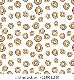 naive Impresión vectorial sin costura con anillo tradicional árabe sushka, baranki, bubliks. repetir el patrón dibujado a mano con bagel de amapola turco. Ilustración plana sobre fondo blanco con postre de panadería