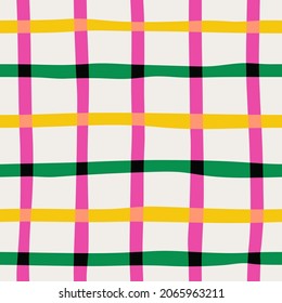 Patrón naïve a cuadros vibrantes en estilo doodle sobre un fondo claro. Diseño de baudios gráficos contemporáneos minimalistas y brillantes en colores arcoiris vibrantes. Resumen de moda de gingham plaid.