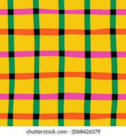 Naive seamless vibrant checkered pattern in doodle style on a yellow background. Bright minimalistic Contemporary graphic bauhaus design in vibrant rainbow colours. Abstract trendy gingham plaid.