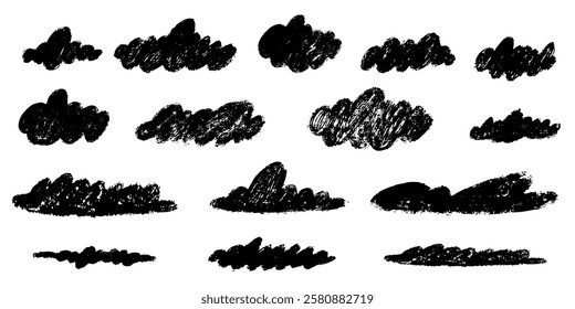 Naive simple cloud sky crayon pencil shape textured grunge set. Weather education pencil marker collection.