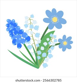 Naive Simple Design of Flowers Hepatica, Lily of the valley, Muscari. Spring Bouquet of Three Flowers in Flat Style. Naive Botanical Element Perfect for Banners, Posters, Flyers, Cards, Social Media.