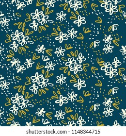 Naive simple floral seamless pattern for background, wrapping paper, fabric, surface design. classic traditional tiny repeatable motif in cosy home style