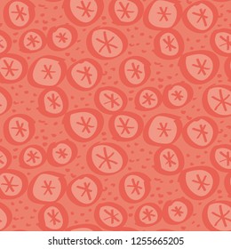 Naive simple hand drawn dots coral color seamless pattern. Round shapes freehand repeatable motif for wrapping paper, fabric. Natural shape and color eco style background.