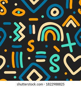 Naive simple seamless pattern with hand drawn abstract shapes. Kids background. Tribal pattern