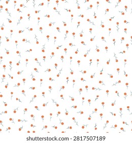 Naive small red flowers and leaves on white background, cute seamless pattern.