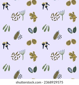 Naive Spice and Herb Pattern. Organic Food Cooking Ingredient Fabric Background