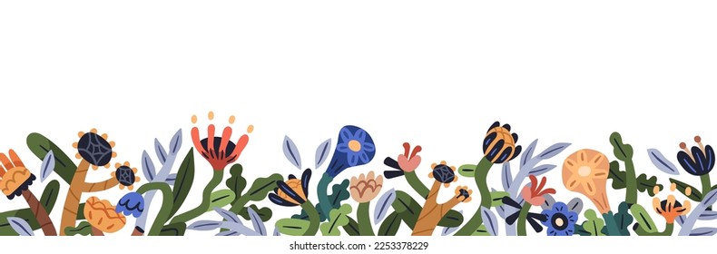 Naive spring flower border. Abstract floral banner design with primitive whimsical creative plants decoration. Modern contemporary botanical card. Flat vector illustration isolated on white background