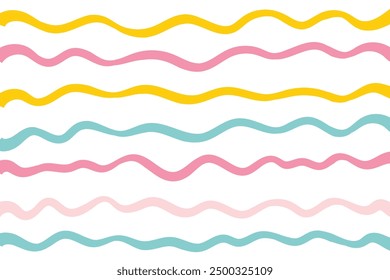 Naive squiggle pattern with bright green, yellow, pink and blue wavy lines on a light background. Creative abstract squiggle style drawing background.