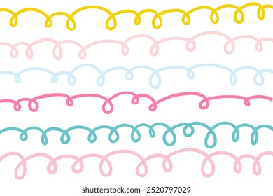 Naives Stechmuster mit hellgrünen, gelben, rosa und blauen Wellenlinien auf hellem Hintergrund. Kreative abstrakte Squiggle Stil Zeichnung Hintergrund.