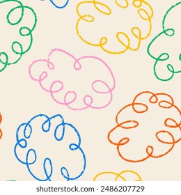 Naive squiggly crayon doodles. Seamless pattern with abstract colorful quirky lines. Vector outline colorful charcoal line art background