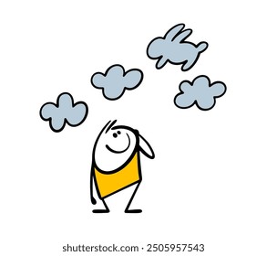 Naive stickman raised his head, looks at the sky and admires the clouds. Vector illustration of nature and man. Clouds shaped like a rabbit. Inspiration and dreams. Isolated on white background.