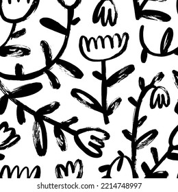 Naive style bold tulips seamless pattern. Brush drawn floral pattern with tulip on stems with leaves. Abstract simple flowers in sketchy style. Spring motif. Hand drawn vector ink illustration. 