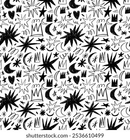 Patrón inconsútil de Vector infantil de estilo ingenuo con estrellas, coronas y garabatos. Crayon dibujado doodle Formas, estrellas funky, coronas de princesa y corazones. Fondo inconsútil del niño.