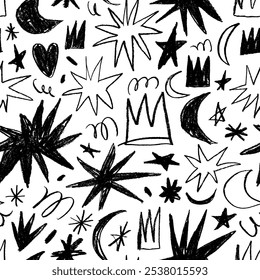 Naive style childish vector seamless pattern with stars, crowns and squiggles. Crayon drawn doodle shapes, funky stars, princess crowns and hearts. Kid's sketchy seamless background.