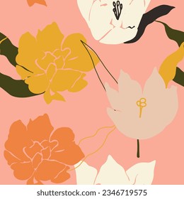 Naive style Floral seamless pattern. Hand drawn bloom flowers background. Modern abstract botanical ornament. Simple Floral print in pastel color palette. Trendy contemporary art. Vector illustration