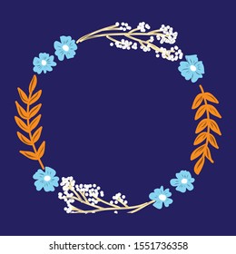Naive style floral wreath for card and invitation grey background