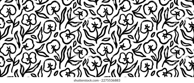 Naive style flowers seamless pattern. Brush drawn botanical silhouettes. Brush black loose leaves and flowers vector seamless ornament. Trendy botanical elements, abstract blossoms. 