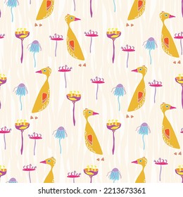 Naive style funny little goose and flowers seamless pattern. Childish cartoon art.