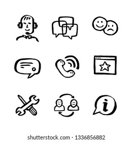 Naive Style Icon Set. Call Center Concept. Customer Service Chat. Doodle Ink Style Set Of Help And Support Related Vector Hand Drawn Line Icons.