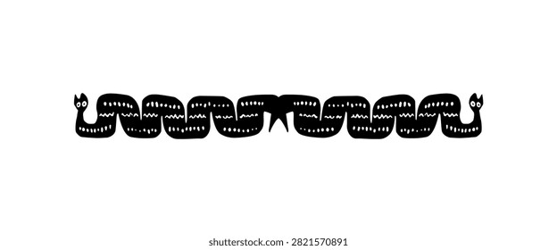 Naive style illustration of pair snake featuring simplified forms and a primitive folk art aesthetic. Inspired by traditional and prehistoric artistic expressions. Vector Illustration