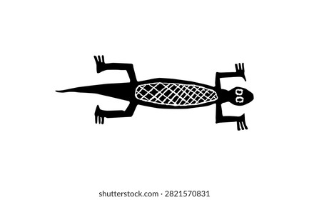 Naive style illustration of a reptile featuring simplified forms and a primitive folk art aesthetic. Inspired by traditional and prehistoric artistic expressions. Vector Illustration