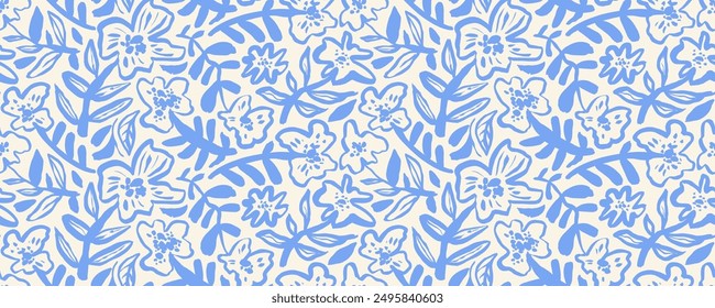 Naive style seamless pattern with brush drawn blue flowers. Chamomile, daisy or poppy with stems. Kid doodle floral drawing in naive or primitive style. Abstract childish simple drawing.