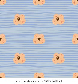 Estilo naïf sin fisuras con siluetas de flores escandi anaranjadas. Fondo de rayas azules. Impresión de garabatos. Perfecto para el diseño de tela, impresión textil, envoltura, cubierta. Ilustración vectorial.