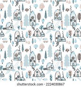 Naive style seamless vector pattern and hand  drawn small village  Lovely Nursery endless background 