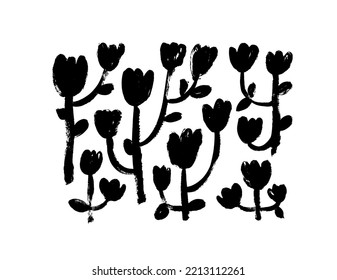 Naive style tulips isolated on white background. Brush drawn silhouettes of spring tulip flowers on bold stems with rounded leaves. Hand drawn botanical elements. Black ink vector illustration.