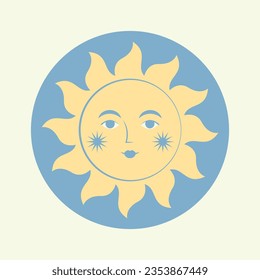 Naive sun with face isolated. Print design. Vector illustration. 