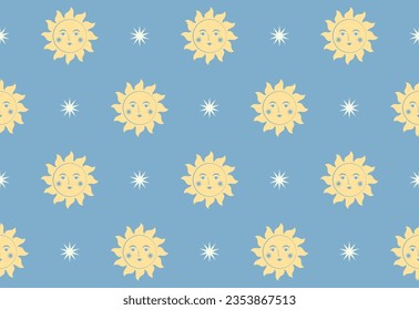 Naive sun with face seamless pattern design. Vector illustration. 