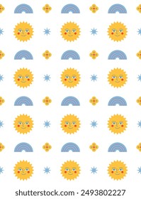 Naive sun seamless pattern design. Vector illustration. 