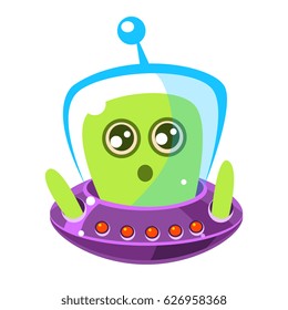 Naive and surprised green alien in a flying saucer, cute cartoon monster. Colorful vector character