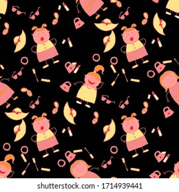 Naive Texture in Fashion Style. Bright Seamless Background with Trendy Elements. Modern Childish Rapport for Dress, Linen, Child Cloth. Seamless Pattern with Hand Drawn Girls. Vector Girlie Pattern.