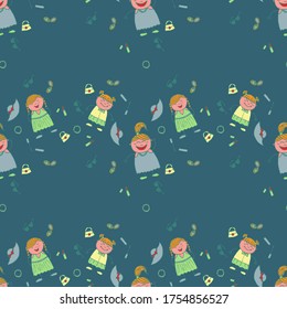 Naive Texture in Fashion Style. Bright Seamless Background with Trendy Elements. Modern Childish Rapport for Dress, Linen, Child Cloth. Seamless Pattern with Hand Drawn Girls. Vector Girlie Pattern.