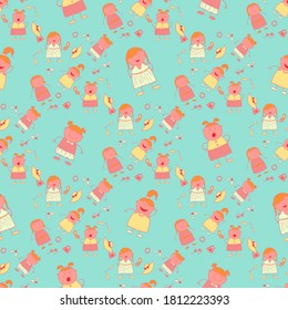 Naive Texture in Fashion Style. Bright Seamless Background with Trendy Elements. Seamless Pattern with Hand Drawn Girls. Modern Childish Rapport for Dress, Linen, Child Cloth. Vector Girlie Pattern.