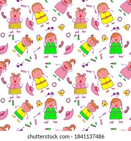 Naive Texture in Fashion Style. Bright Seamless Background with Trendy Elements. Modern Childish Rapport for Dress, Linen, Child Cloth. Seamless Pattern with Hand Drawn Girls. Vector Girlie Pattern.