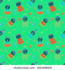 Naive Texture in Fashion Style. Bright Seamless Background with Trendy Elements. Modern Childish Rapport for Dress, Linen, Child Cloth. Seamless Pattern with Hand Drawn Girls. Vector Girlie Pattern.