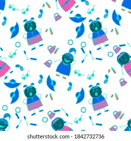 Naive Texture in Fashion Style. Bright Seamless Background with Trendy Elements. Modern Childish Rapport for Dress, Linen, Child Cloth. Seamless Pattern with Hand Drawn Girls. Vector Girlie Pattern.