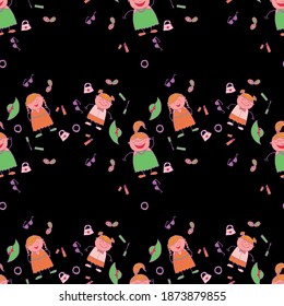 Naive Texture in Fashion Style. Bright Seamless Background with Trendy Elements. Modern Childish Rapport for Dress, Linen, Child Cloth. Seamless Pattern with Hand Drawn Girls. Vector Girlie Pattern.