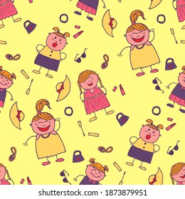 Naive Texture in Fashion Style. Bright Seamless Background with Trendy Elements. Seamless Pattern with Hand Drawn Girls. Modern Childish Rapport for Dress, Linen, Child Cloth. Vector Girlie Pattern.