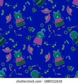 Naive Texture in Fashion Style. Bright Seamless Background with Trendy Elements. Seamless Pattern with Hand Drawn Girls. Modern Childish Rapport for Dress, Linen, Child Cloth. Vector Girlie Pattern.