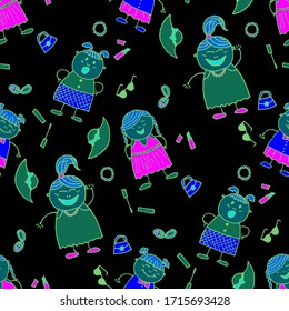 Naive Texture in Fashion Style. Modern Childish Rapport for Dress, Linen, Child Cloth. Seamless Pattern with Hand Drawn Girls. Bright Seamless Background with Trendy Elements. Vector Girlie Pattern.