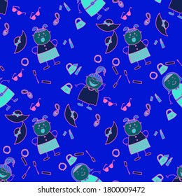 Naive Texture in Fashion Style. Modern Childish Rapport for Dress, Linen, Child Cloth. Seamless Pattern with Hand Drawn Girls. Bright Seamless Background with Trendy Elements. Vector Girlie Pattern.