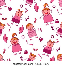 Naive Texture in Fashion Style. Modern Childish Rapport for Dress, Linen, Child Cloth. Seamless Pattern with Hand Drawn Girls. Bright Seamless Background with Trendy Elements. Vector Girlie Pattern.