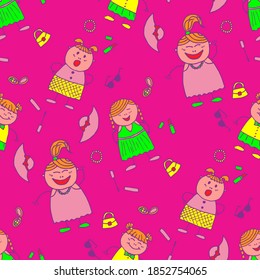 Naive Texture in Fashion Style. Modern Childish Rapport for Dress, Linen, Child Cloth. Seamless Pattern with Hand Drawn Girls. Bright Seamless Background with Trendy Elements. Vector Girlie Pattern.