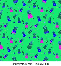 Naive Texture in Fashion Style. Seamless Pattern with Hand Drawn Girls. Bright Seamless Background with Trendy Elements. Modern Childish Rapport for Dress, Linen, Child Cloth. Vector Girlie Pattern.