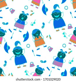 Naive Texture in Fashion Style. Seamless Pattern with Hand Drawn Girls. Bright Seamless Background with Trendy Elements. Modern Childish Rapport for Dress, Linen, Child Cloth. Vector Girlie Pattern.