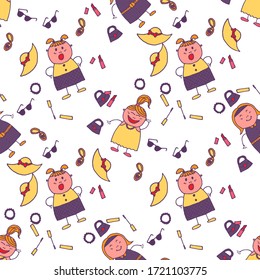 Naive Texture in Fashion Style. Seamless Pattern with Hand Drawn Girls. Modern Childish Rapport for Dress, Linen, Child Cloth. Bright Seamless Background with Trendy Elements. Vector Girlie Pattern.